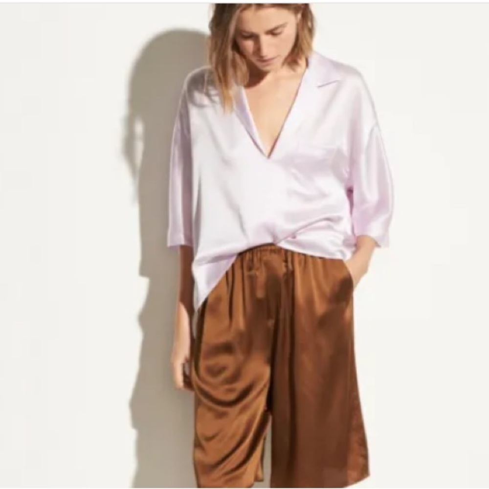 NEW Vince Satin 100% Silk Pajama Shirt Blouse, Pale Iris (Purple) Size S $295 - Picture 2 of 10